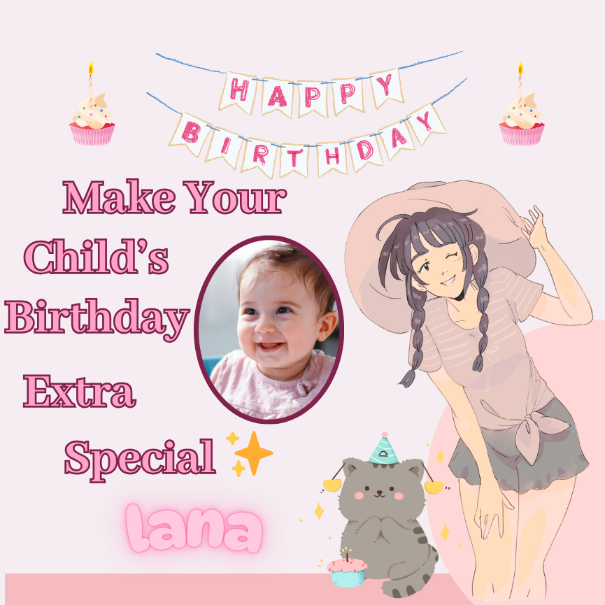 Birthday card with cartoon character, baby photo, and decorative elements on a light pink background.